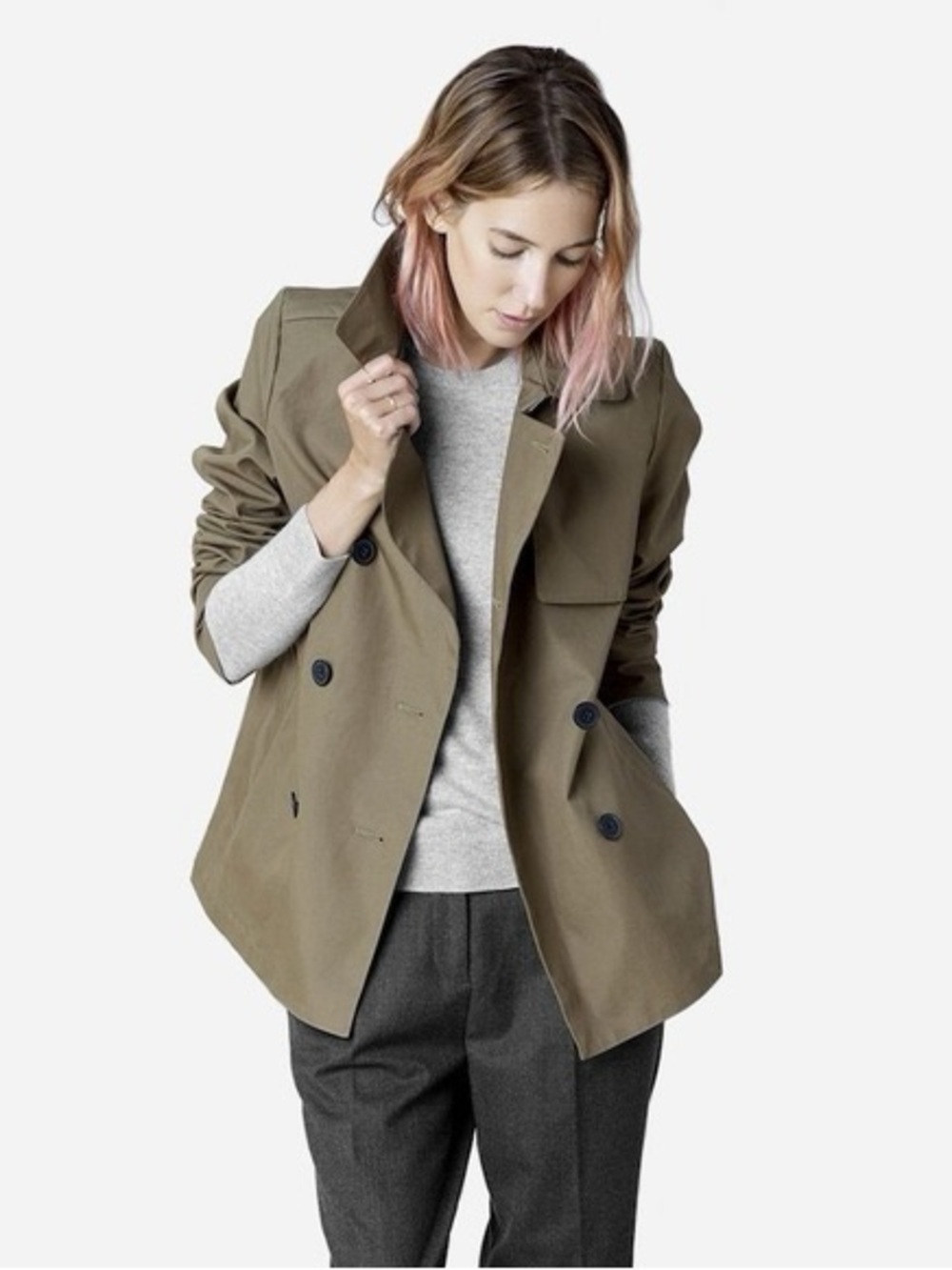 Everlane Olive Green Double-Breasted Swing Trench Jacket